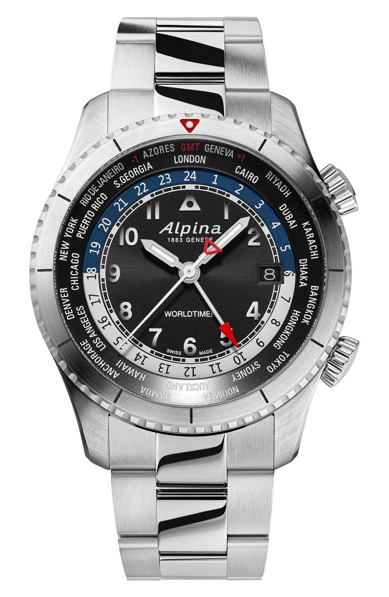 ALPINA Startimer Pilot Quartz Worldtimer Bracelet Watch, 41mm, Main, color, 