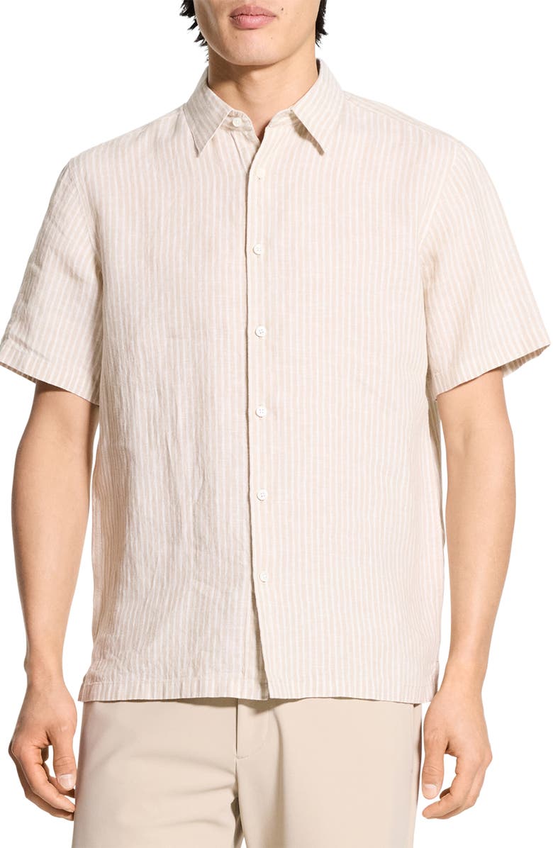 Theory Irving Stripe Short Sleeve Linen Button-Up Shirt, Main, color, Chino/ White
