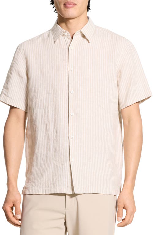Theory Irving Stripe Short Sleeve Linen Button-up Shirt
