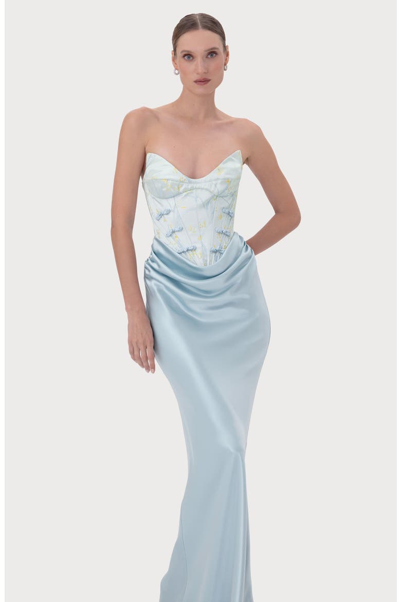 Sandrine Strapless Satin Gown, Alternate, color, PALE BLUE