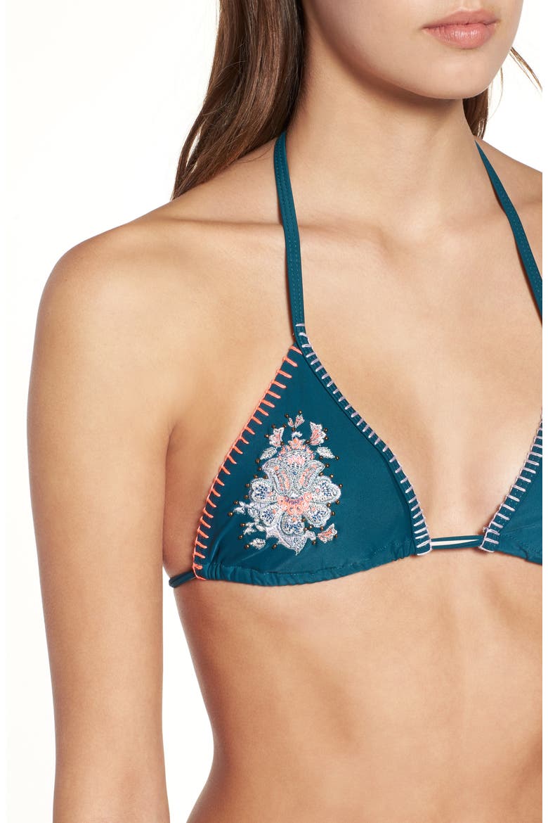 Floral Embroidered Stud Triangle Bikini Top, Alternate, color, GREEN MULTI
