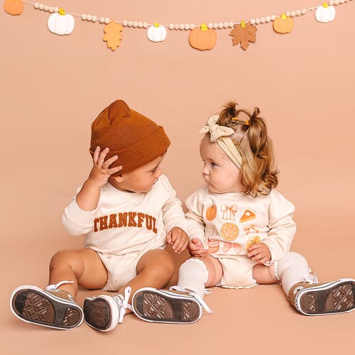 Sweet Wink Thankful Patch Varsity Thanksgiving Long Sleeve Romper In White