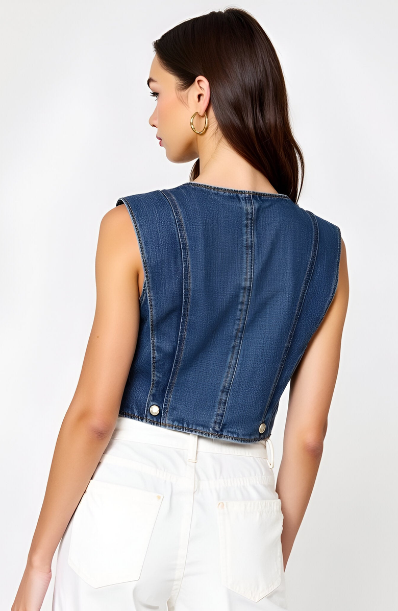 Modenaire Angled Hem V-Neck Denim Vest, Alternate, color, Blue