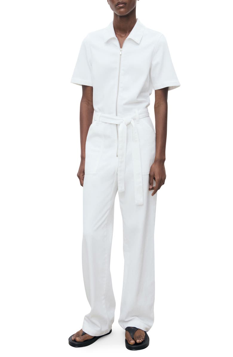 MANGO Belted Denim Jumpsuit, Main, color, 