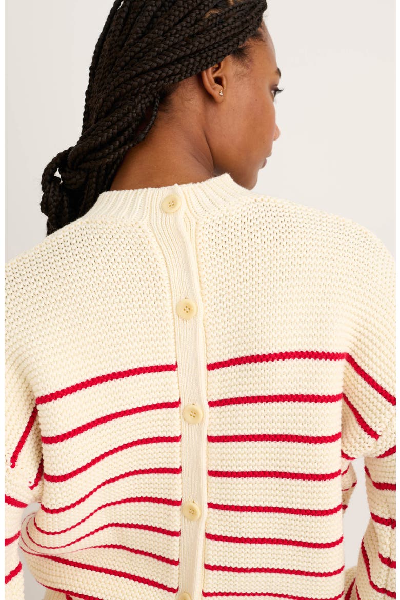 Women's Stripe Button Back Cotton Crewneck Sweater, Alternate, color, IVORY/ RED