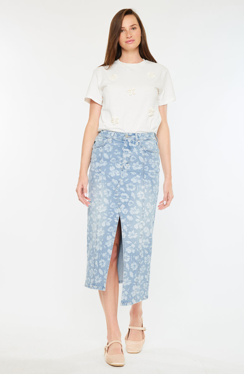 Kancan Hibiscus High Rise Midi Skirt In Blue