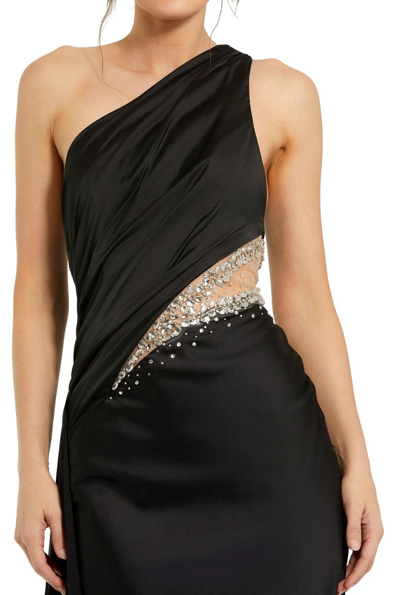 One Shoulder Charmeuse Gown With Beaded Cutout, Alternate, color, Black