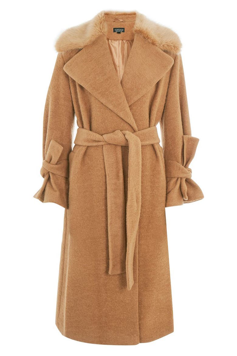 Faux Fur Collar Belted Wool Blend Coat, Alternate, color, CAMEL