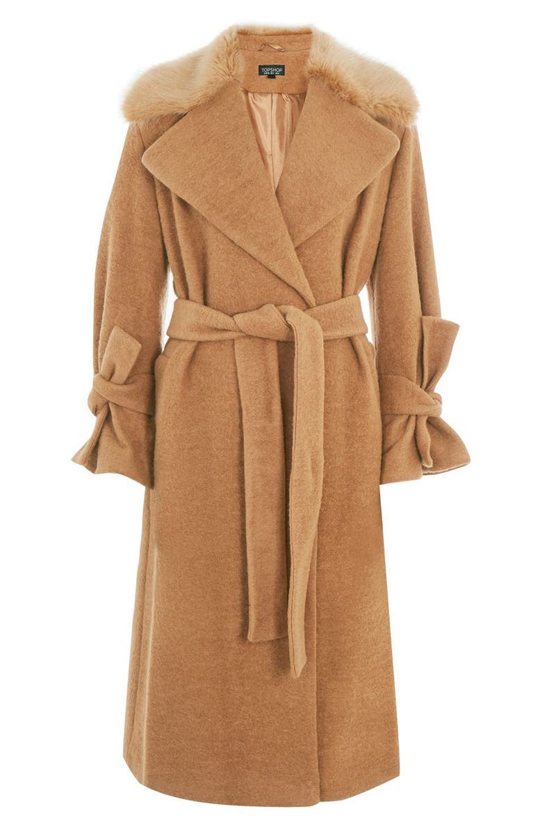 Topshop Faux Fur Collar Belted Wool Blend Coat, Alternate, color, 