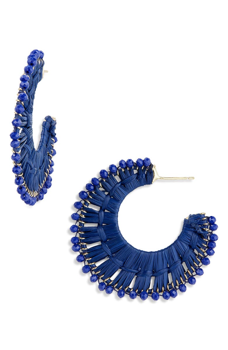 Panacea Beaded Raffia Hoop Earrings, Main, color, Navy