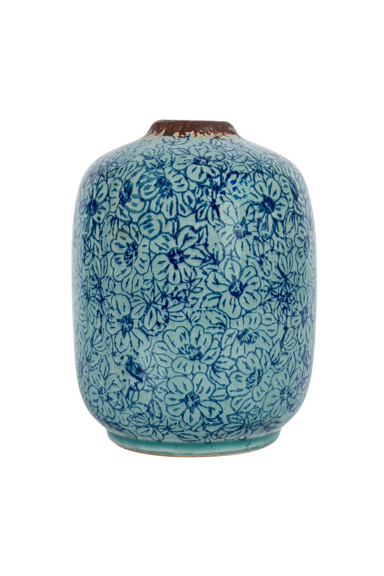 Decorative Round Terra-cotta Vase with Floral Pattern with Distressed Finish, Blue, Alternate, color, Blue
