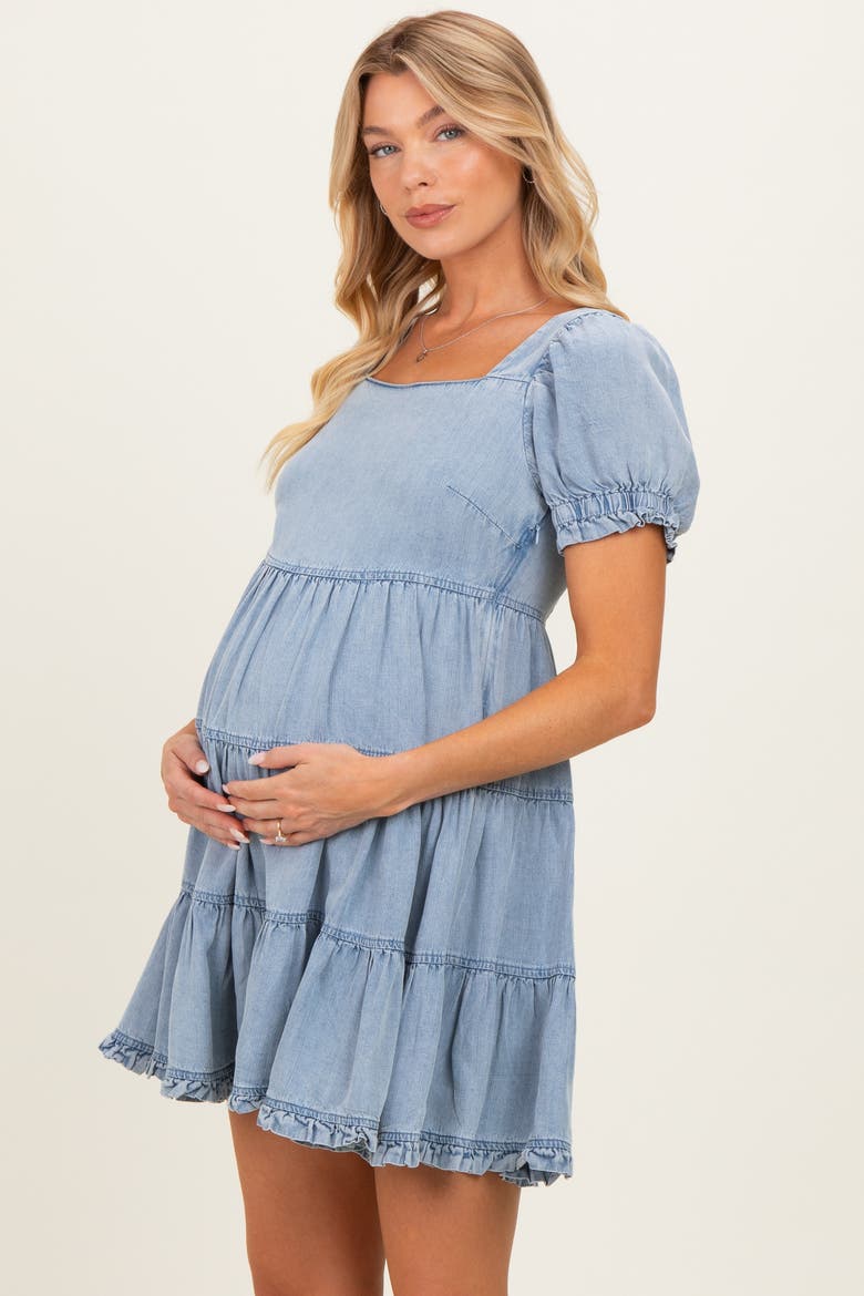 Blue Denim Washed Chambray Tiered Babydoll Mini Dress, Alternate, color, Light Blue