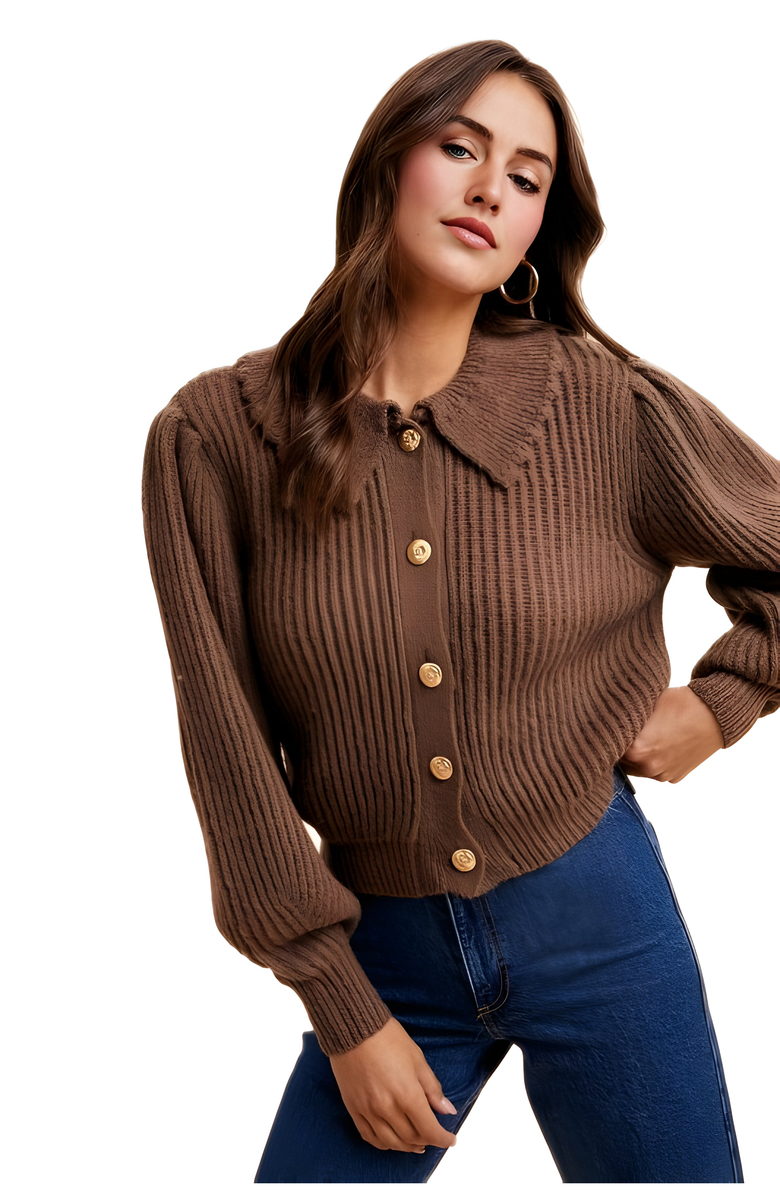 Knit and Lounge Classic Ribbed Button-Up Cardigan with Structured Collar, Alternate, color, 
