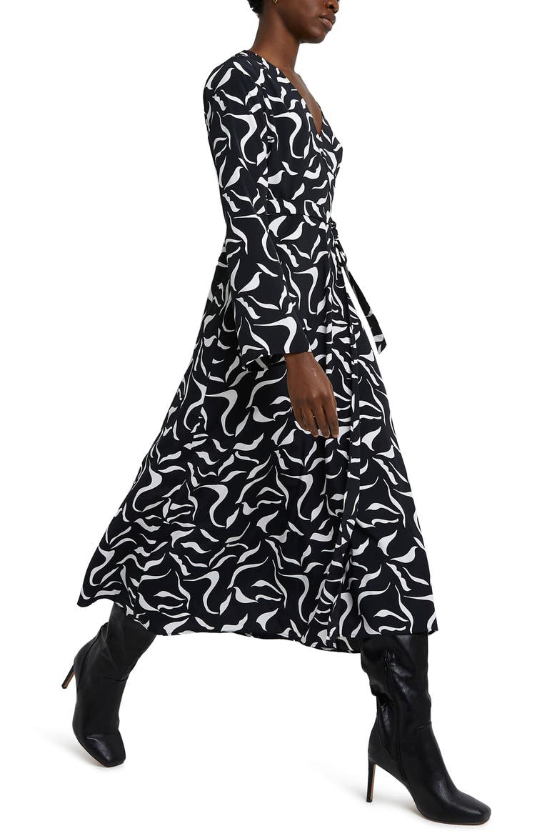 Abstract Print Long Sleeve Wrap Dress, Alternate, color, BLACK