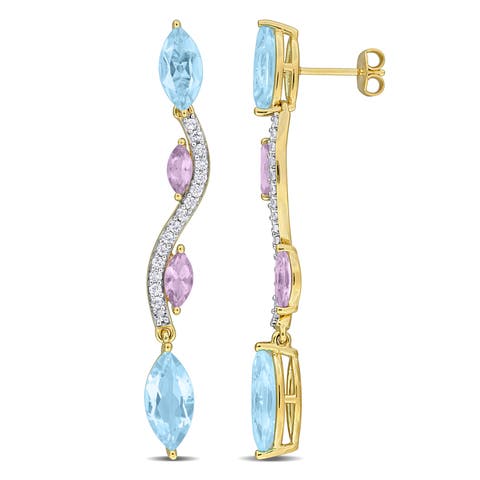 Blue Topaz Wavy Drop Earrings Yellow Plated Silver