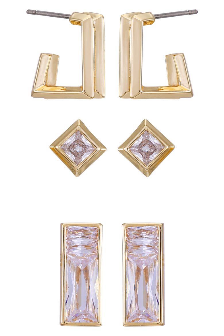 Set of 3 Crystal Stud & Huggie Hoop Earrings, Main, color, GOLD TONE