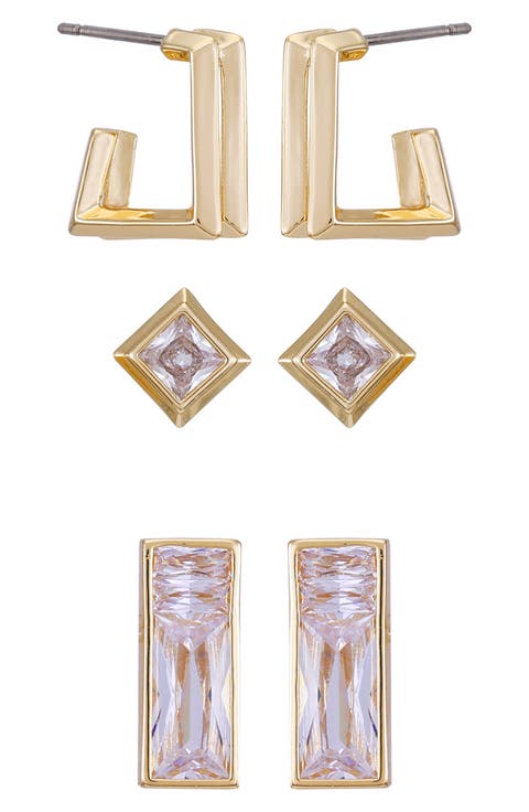 Set of 3 Crystal Stud & Huggie Hoop Earrings