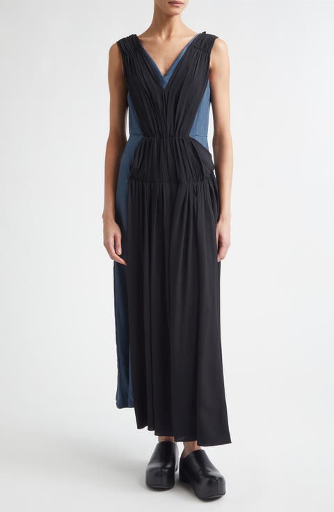 Two-Tone Mixed Media Asymmetric Midi Dress