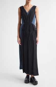 Two-Tone Mixed Media Asymmetric Midi Dress