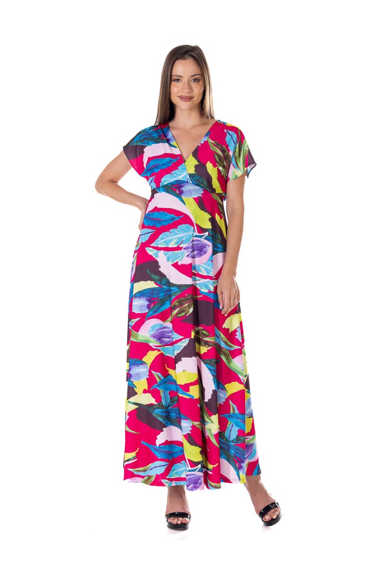 Floral Print V-Neck Empire Waist Cap Sleeve Maxi Dress, Main, color, Pink Multi