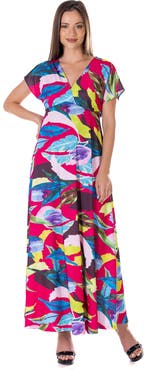 24seven Comfort Apparel Floral Print V-Neck Empire Waist Cap Sleeve Maxi Dress