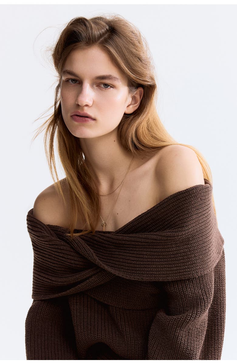 H&M Off-the-shoulder Jumper, Alternate, color, Dark Brown