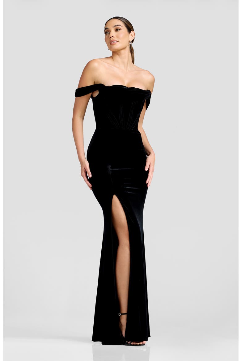 Melania Off the Shoulder Velvet Gown, Alternate, color, BLACK