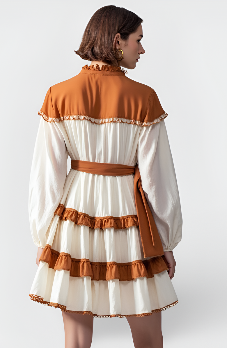 Modenaire Contrast Trim Mini Dress with Waist Tie and Tiered Skirt, Alternate, color, White / Brown
