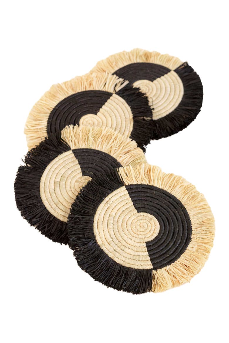 Two Tone Split Fringe Coasters - Set of 4, Main, color, Natural and Black