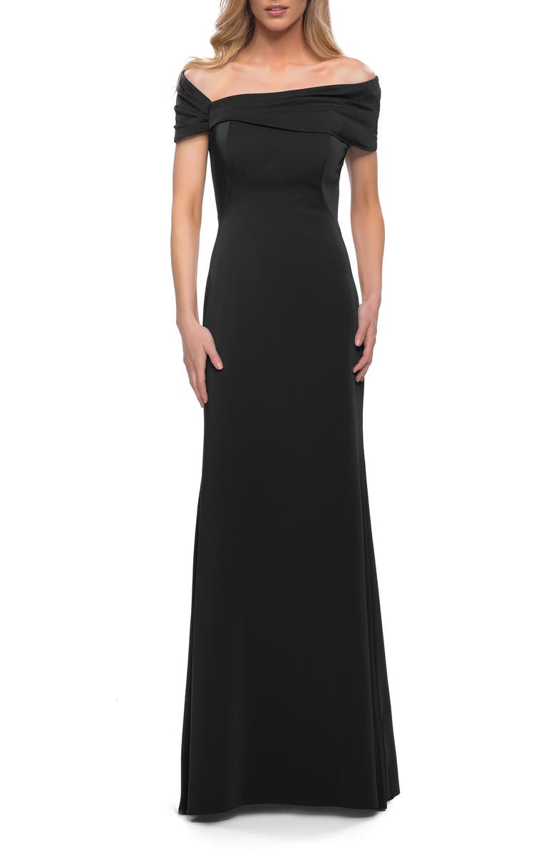La Femme Simply Chic Off the Shoulder Jersey Gown, Main, color, Black