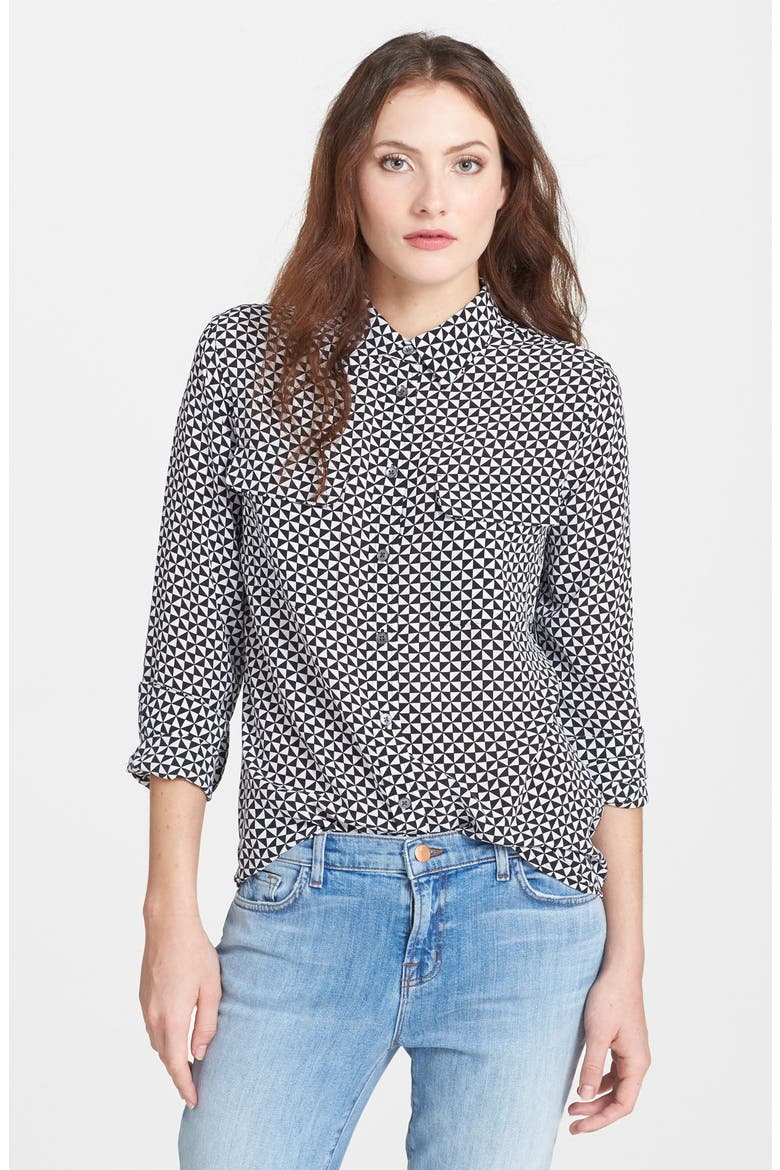'Slim Signature' Print Silk Shirt, Main, color, BRIGHT WHITE/BLACK