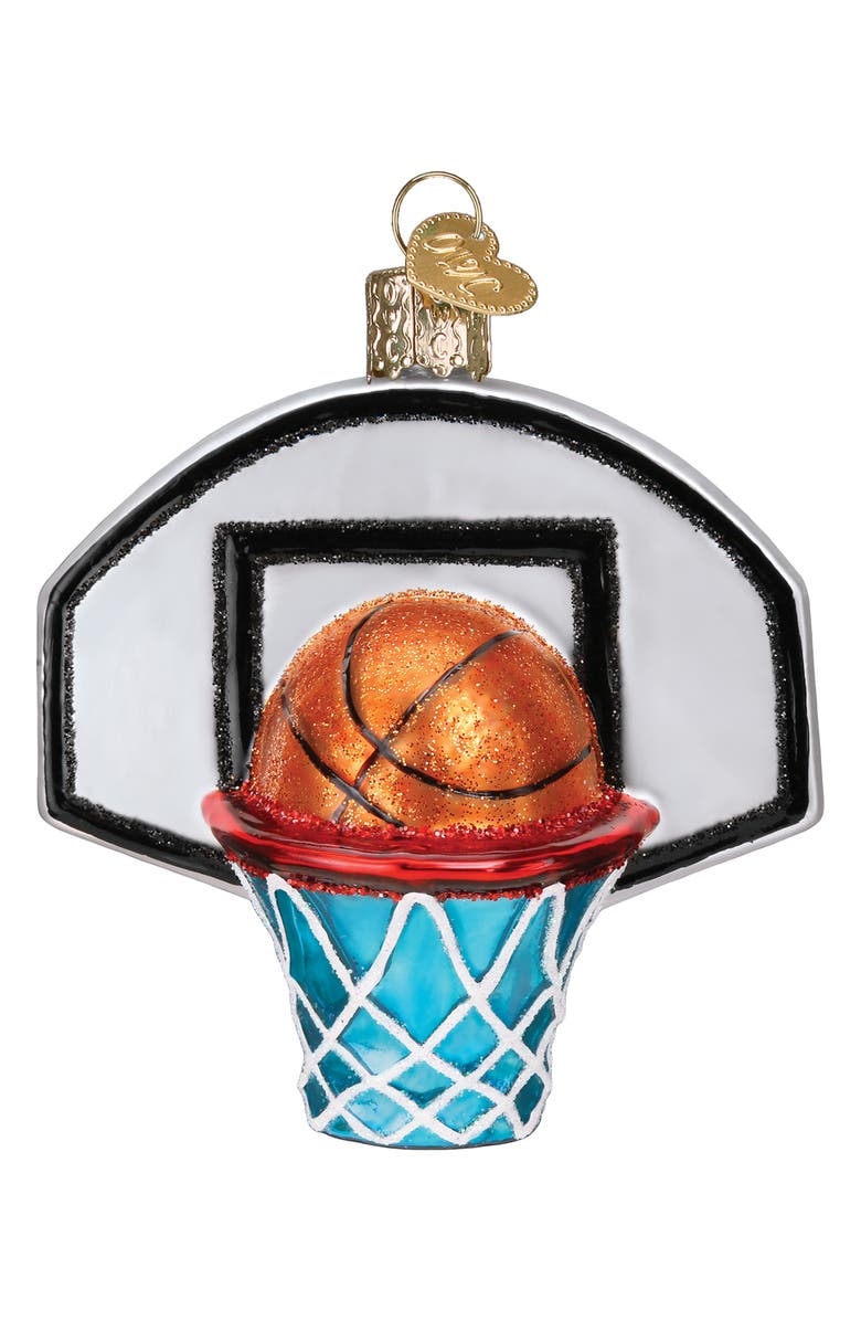 Old World Christmas Basketball Hoop Glass Ornament, Main, color, White/ Orange/ Blue