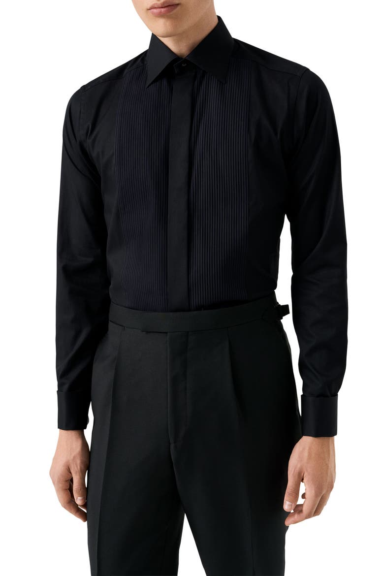 Slim Fit Cotton Plissé Tuxedo Shirt, Main, color, BLACK