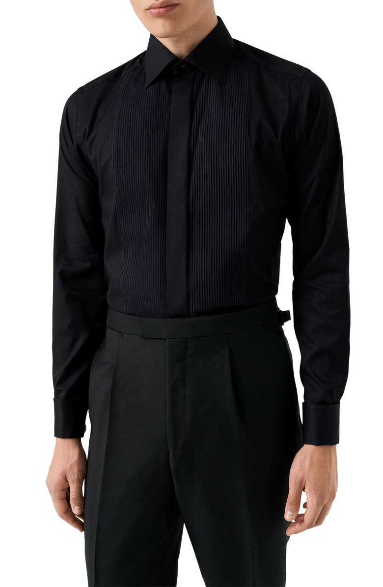 Eton Slim Fit Cotton Plissé Tuxedo Shirt, Main, color, Black