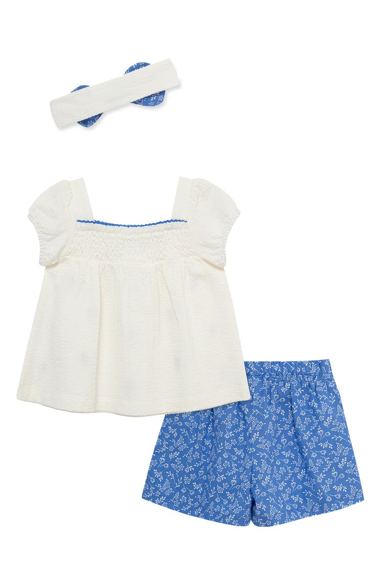 Little Me Embroidered Top, Shorts & Headband Set, Alternate, color, Blue