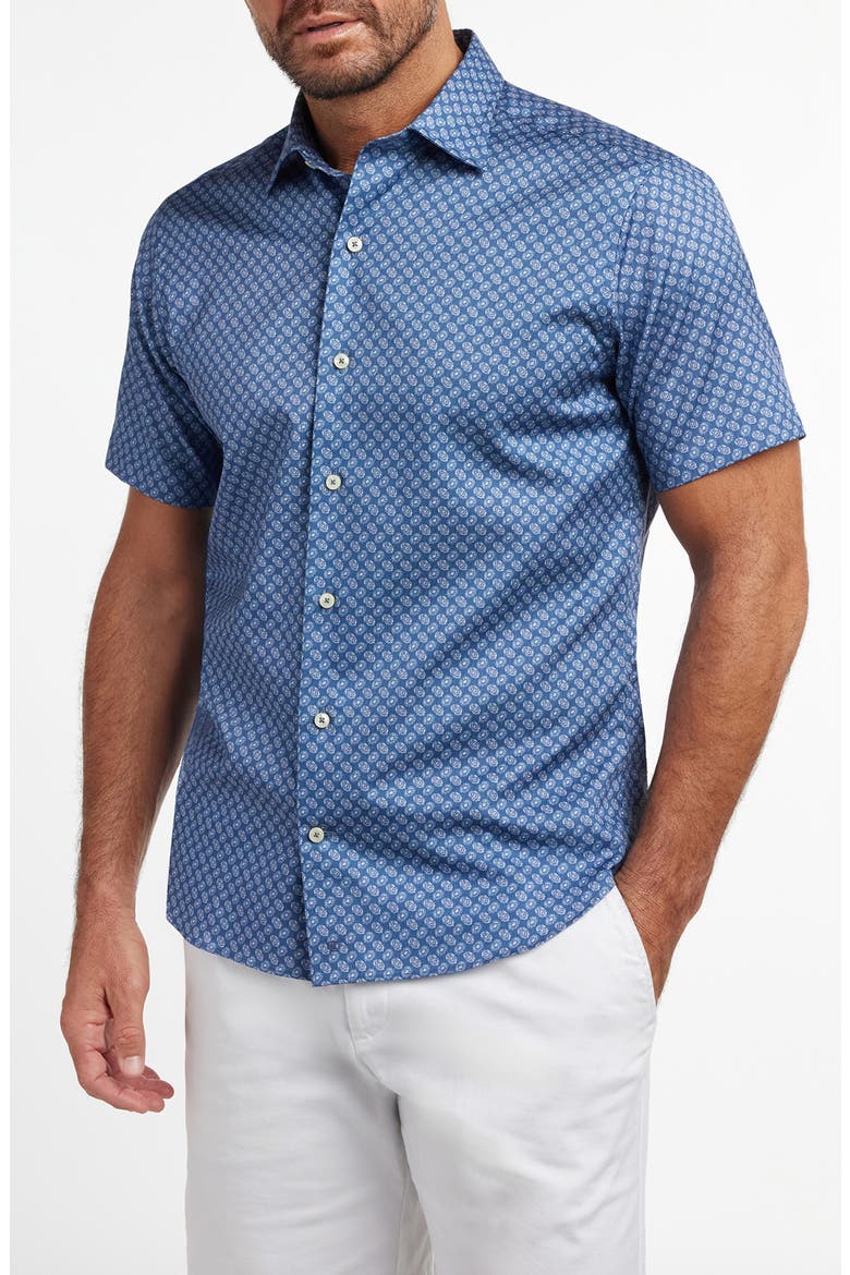 Neat Print Short Sleeve Cotton Button-Up Shirt, Main, color, NAVY