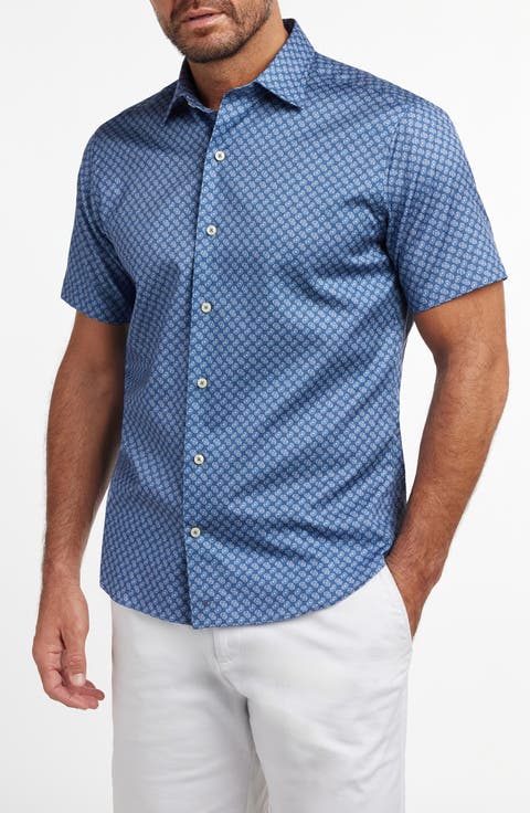 Neat Print Short Sleeve Cotton Button-Up Shirt