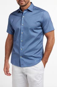 David Donahue Neat Print Short Sleeve Cotton Button-Up Shirt