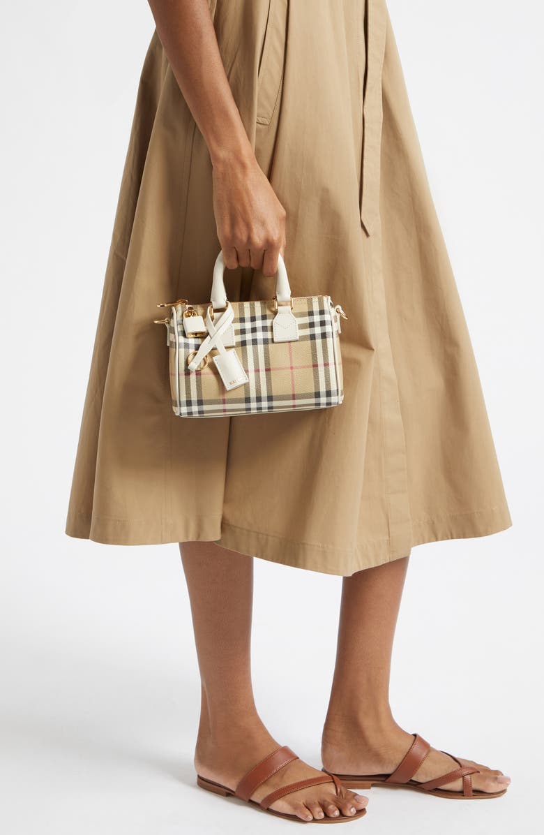 Burberry Mini Leather Bowling Bag, Alternate, color, Vintage Check/ Soap