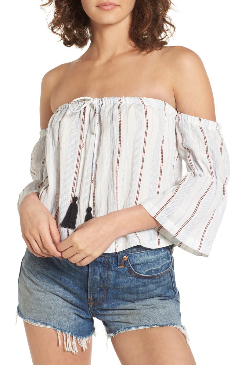 All in Favor Tassel Trim Off the Shoulder Top, Main, color, 