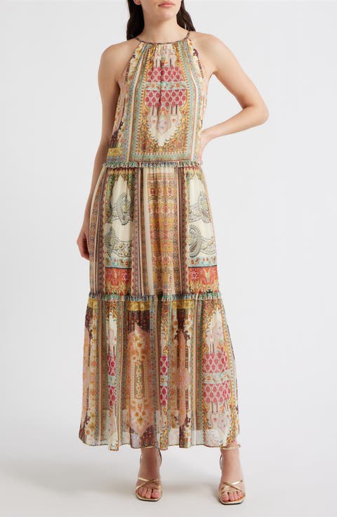 Aurora Baroque Print Sleeveless Tiered Dress