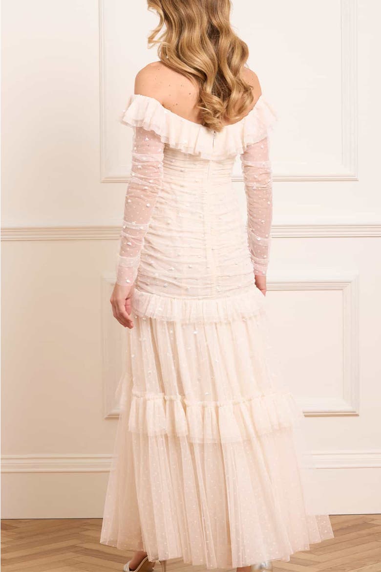 Sequin Glimmer Rouched Off-shoulder Gown, Alternate, color, Cream
