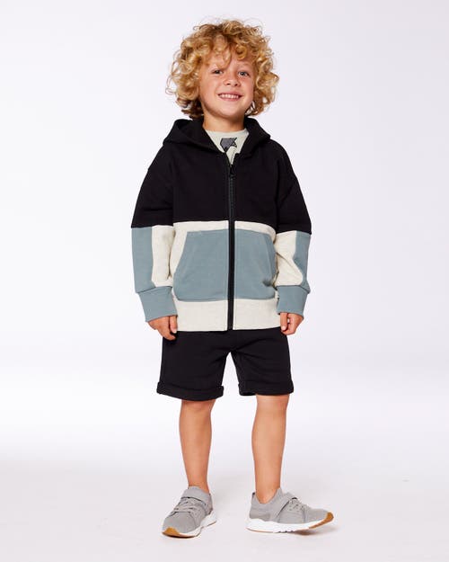 Deux Par Deux Little Boy's French Terry Color Block Full Zip Hoodie Cardigan Sweatshirt Black, Teal In Black, Teal And Shimmer