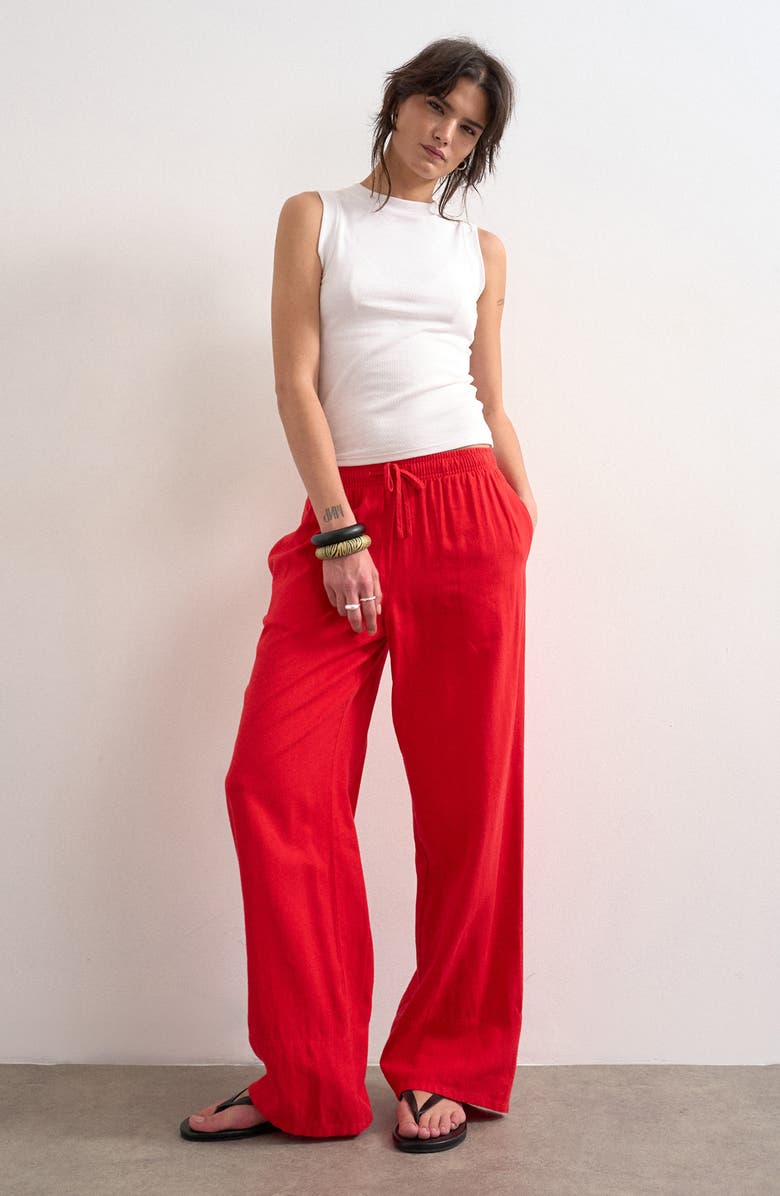Topshop Linen Blend Straight Leg Pants, Alternate, color, Red