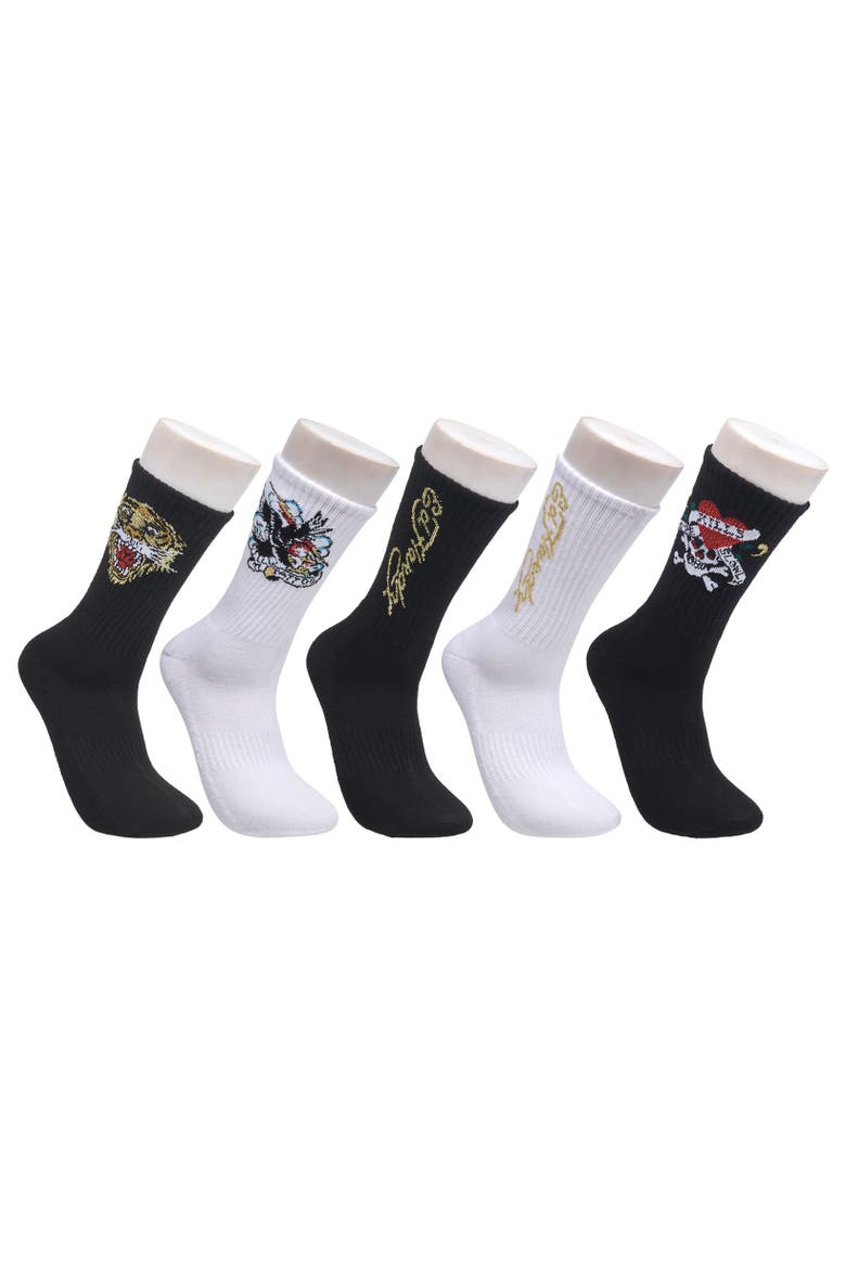 Tattoo Inspired Print Half Cushion Crew Sock 5-Pack, Main, color, Black White