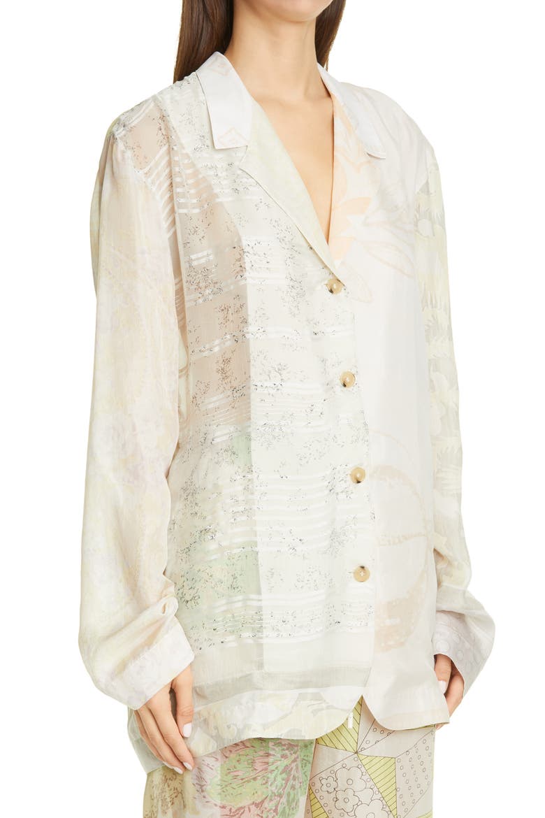 One of a Kind Mixed Print Silk Lounge Shirt, Alternate, color, BROKEN WHITE WITH PRINT