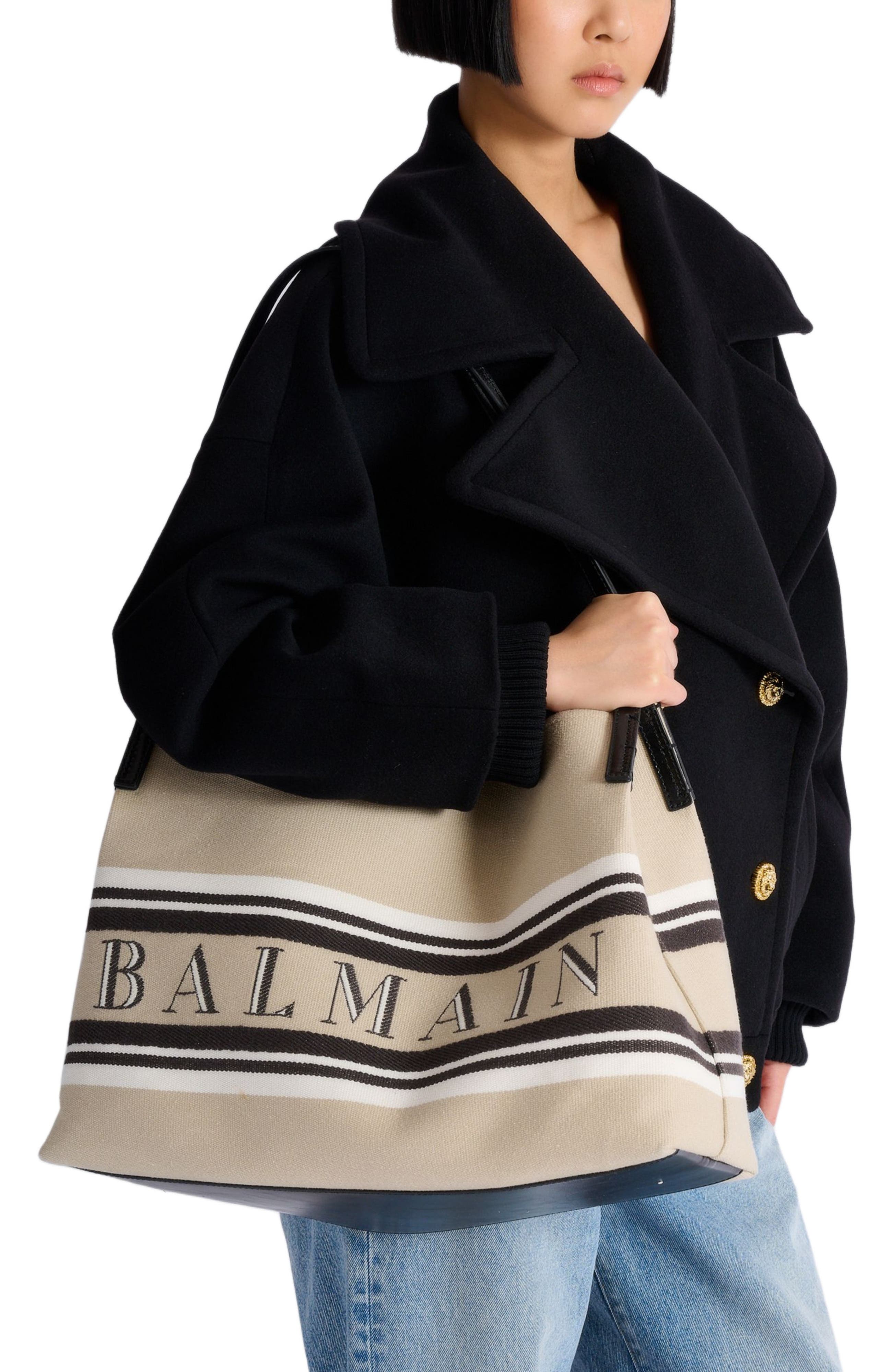 Balmain Medium Release Shopper bag in canvas and calfskin, Alternate, color, Beige