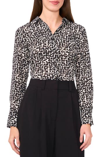 Halogen ® Geo Print Crepe Button-up Shirt In Black