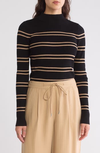 Laundry By Shelli Segal Rib Funnel Neck Sweater In Camel/black Stripe