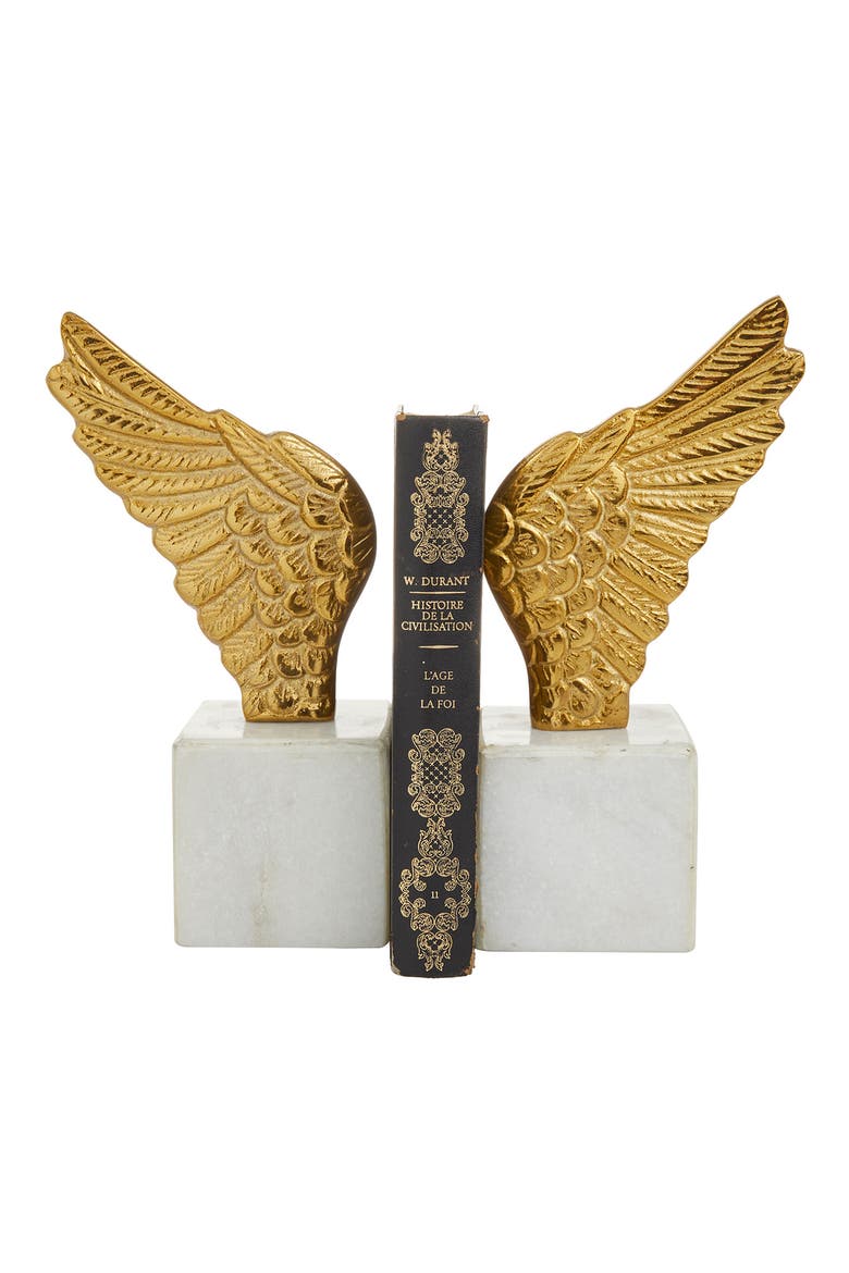 Goldtone Aluminum Bird Wings Bookend with Marble Base - Set of 2, Main, color, GOLD